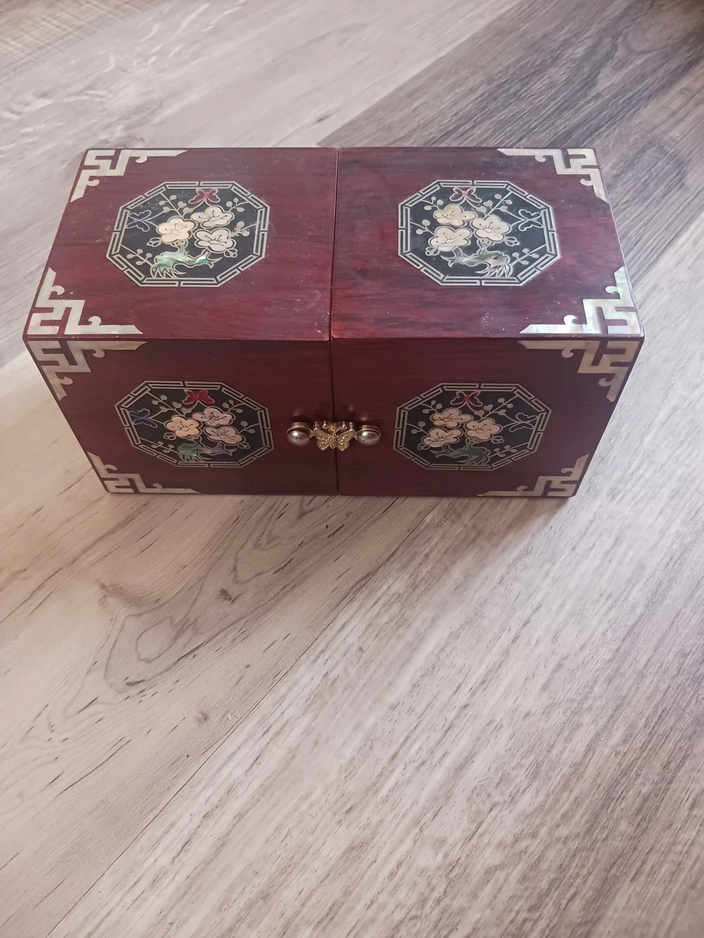 Korean Octagonal Floral Inlay Wooden Jewelry Box W/ Cranes